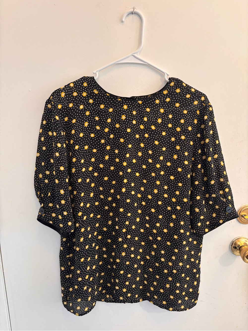 Leslie Fay Black Blouse with Yellow Polka Dots